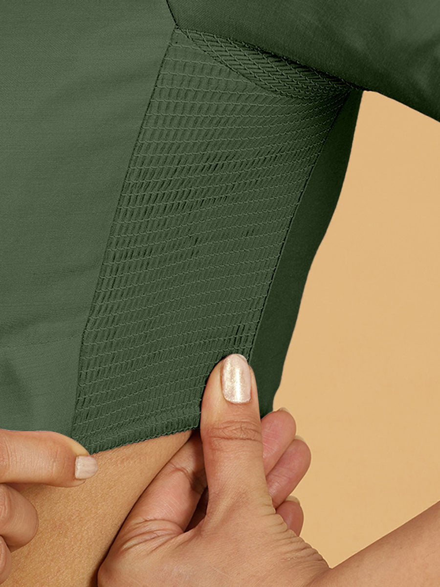 Maya x Rozaana Saree Blouse, in Green Viscose, featuring three quarter sleeves and stylised neckline, made for daily & work.