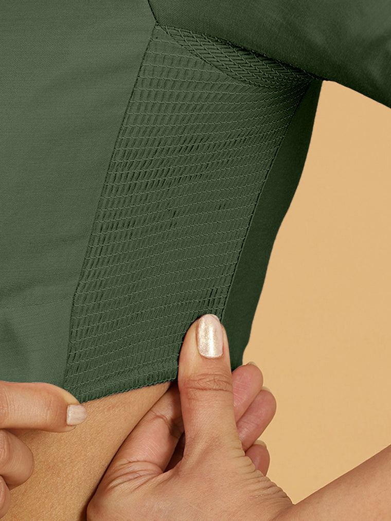 Maya x Rozaana Saree Blouse, in Green Viscose, featuring three quarter sleeves and stylised neckline, made for daily & work.