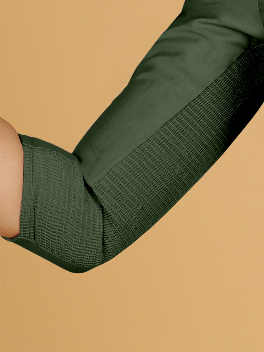 Maya x Rozaana Saree Blouse, in Green Viscose, featuring three quarter sleeves and stylised neckline, made for daily & work.