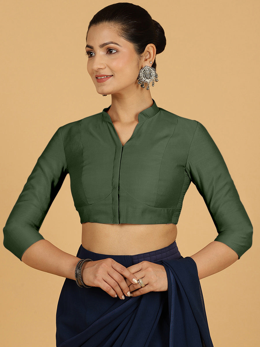 Maya x Rozaana Saree Blouse, in Green Viscose, featuring three quarter sleeves and stylised neckline, made for daily & work.