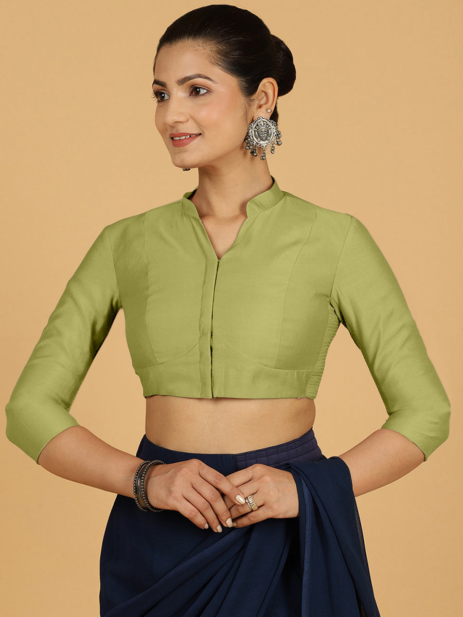 Maya x Rozaana Saree Blouse, in Green Viscose, featuring three quarter sleeves and sweetheart neckline.