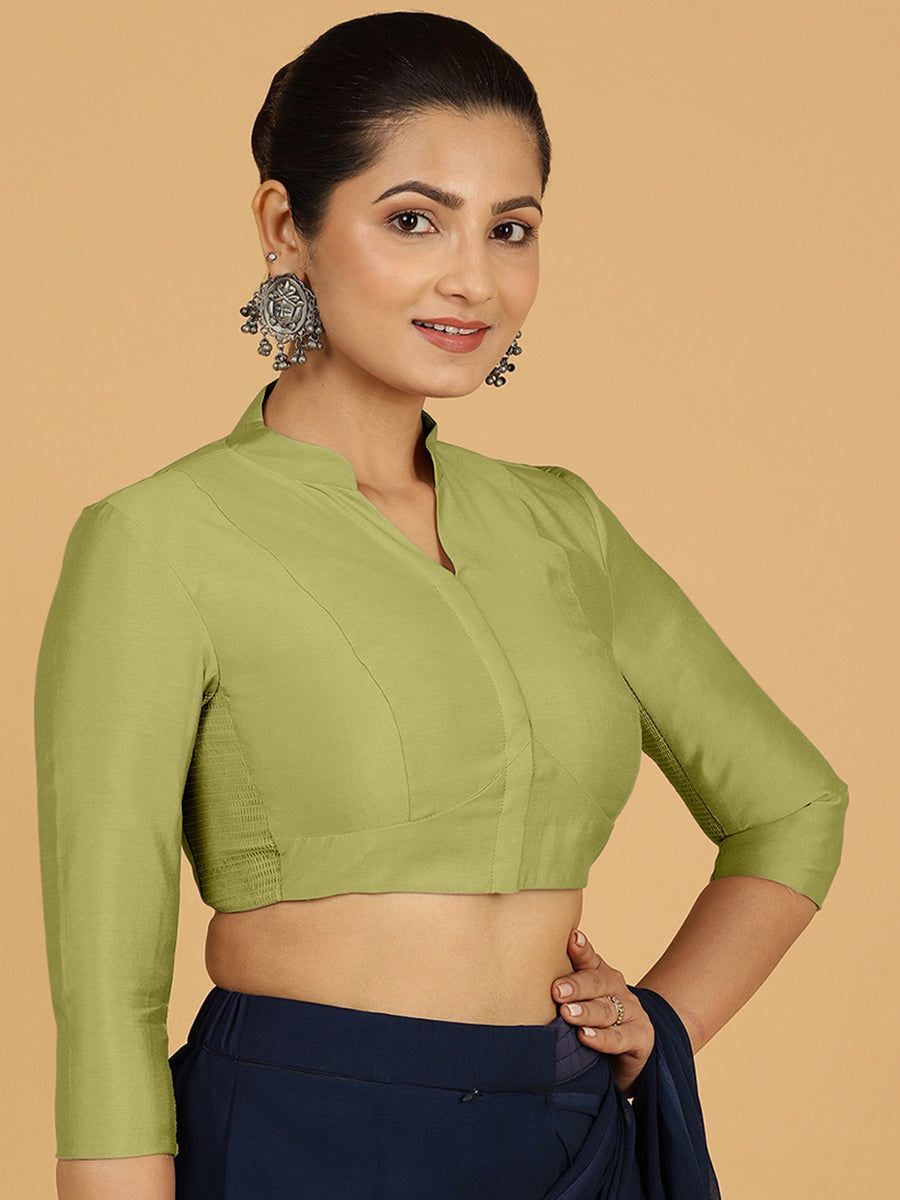 Maya x Rozaana Saree Blouse, in Green Viscose, featuring three quarter sleeves and sweetheart neckline (view 8).