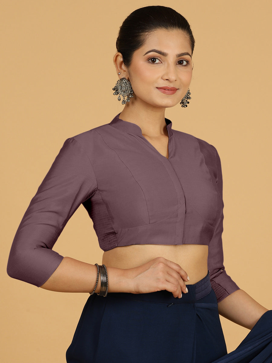 Maya x Rozaana Saree Blouse, in Purple Viscose, featuring three quarter sleeves and stylised neckline, made for daily & work.
