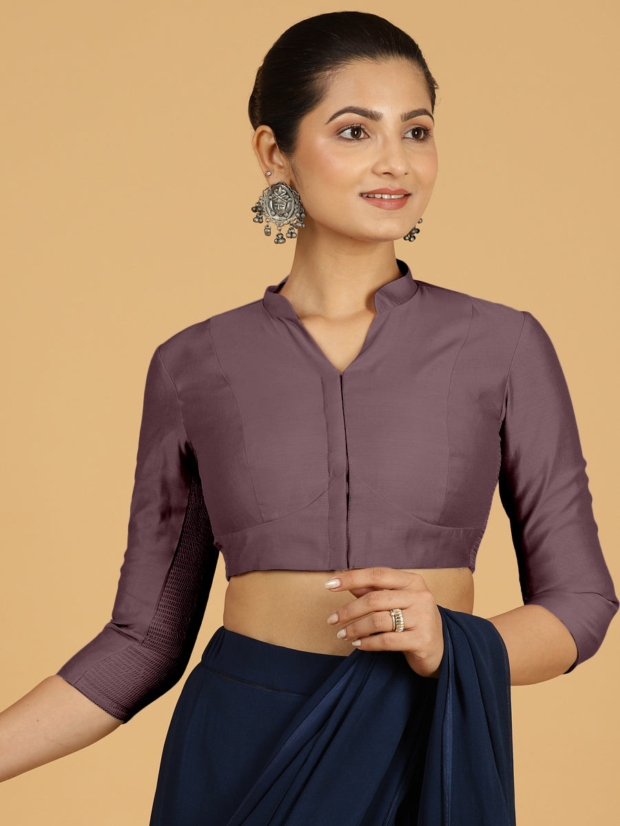 Maya x Rozaana Saree Blouse, in Purple Viscose, featuring three quarter sleeves and stylised neckline, made for daily & work.