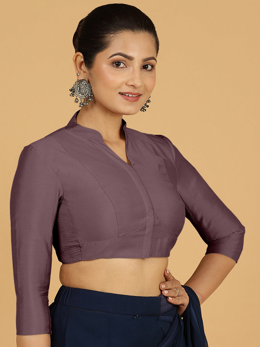 Maya x Rozaana Saree Blouse, in Purple Viscose, featuring three quarter sleeves and stylised neckline, made for daily & work.