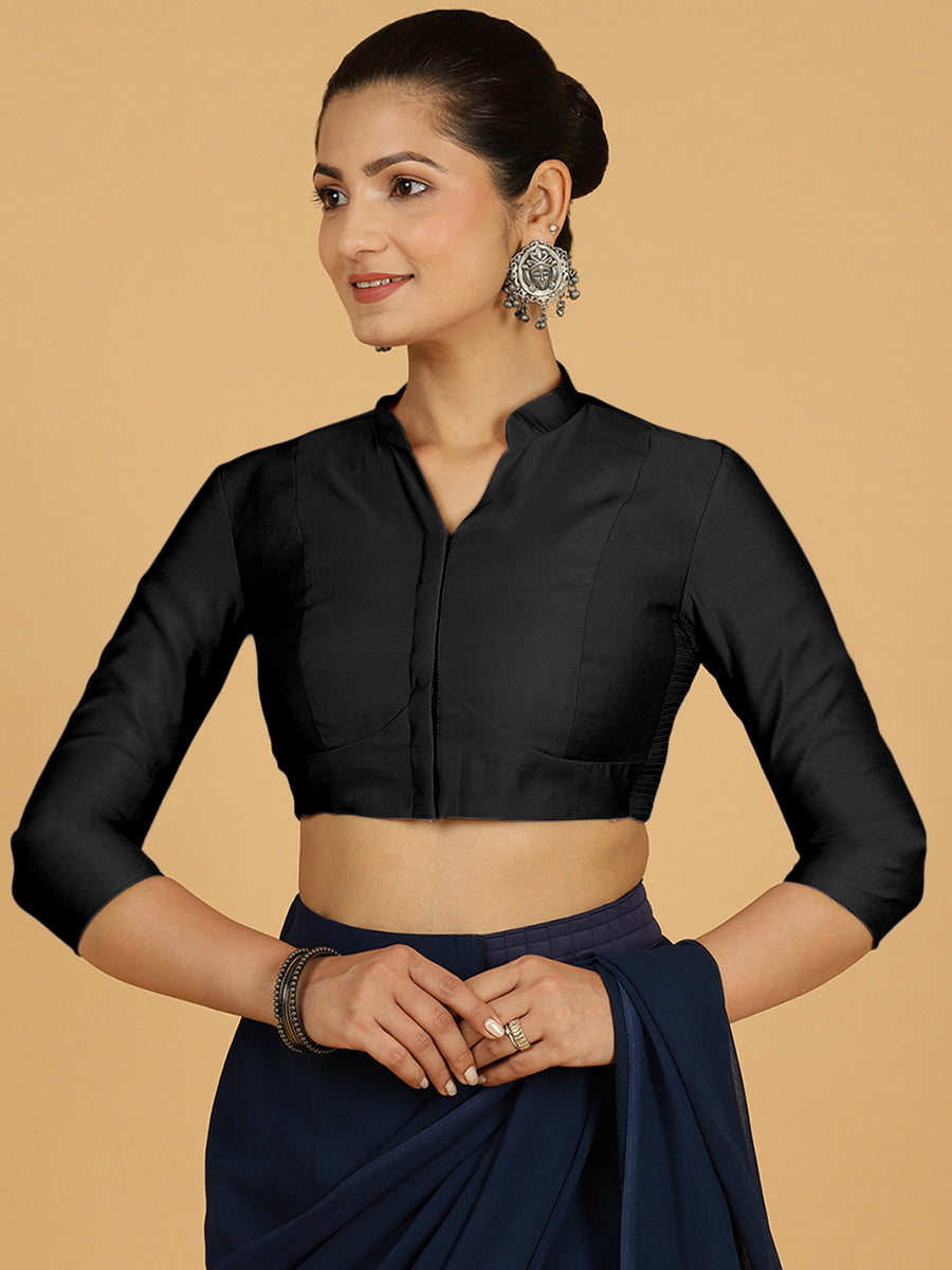 Maya x Rozaana Saree Blouse, in Black Viscose, featuring three quarter sleeves and stylised neckline, made for daily & work.