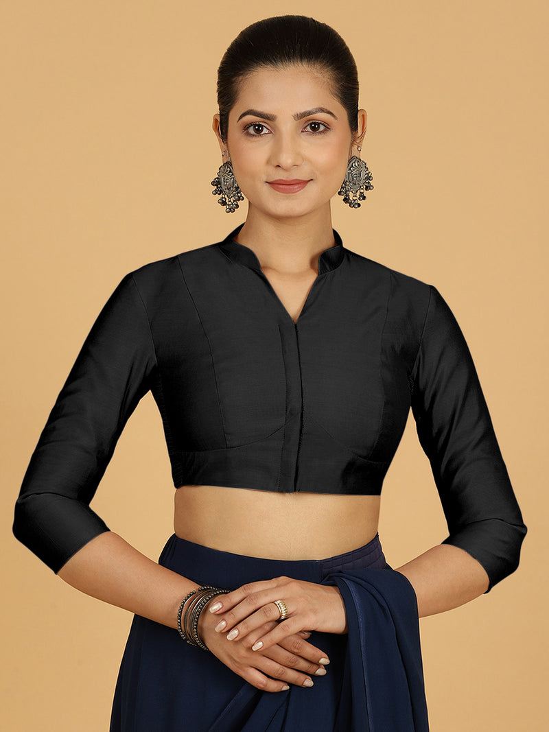 Maya x Rozaana | Three Quarter Sleeves Saree Blouse in Raven Black-Binks