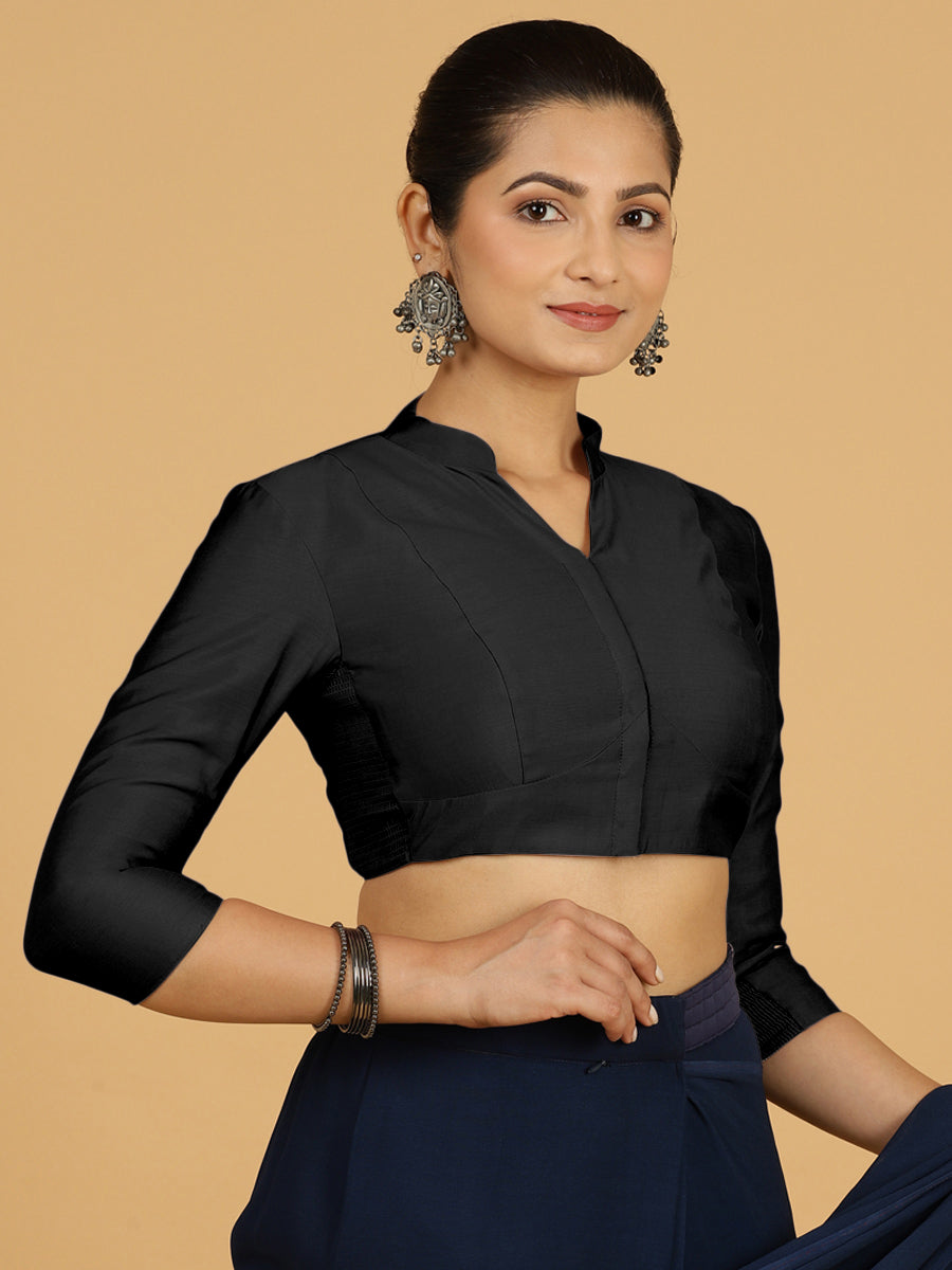 Maya x Rozaana Saree Blouse, in Black Viscose, featuring three quarter sleeves and stylised neckline, made for daily & work.
