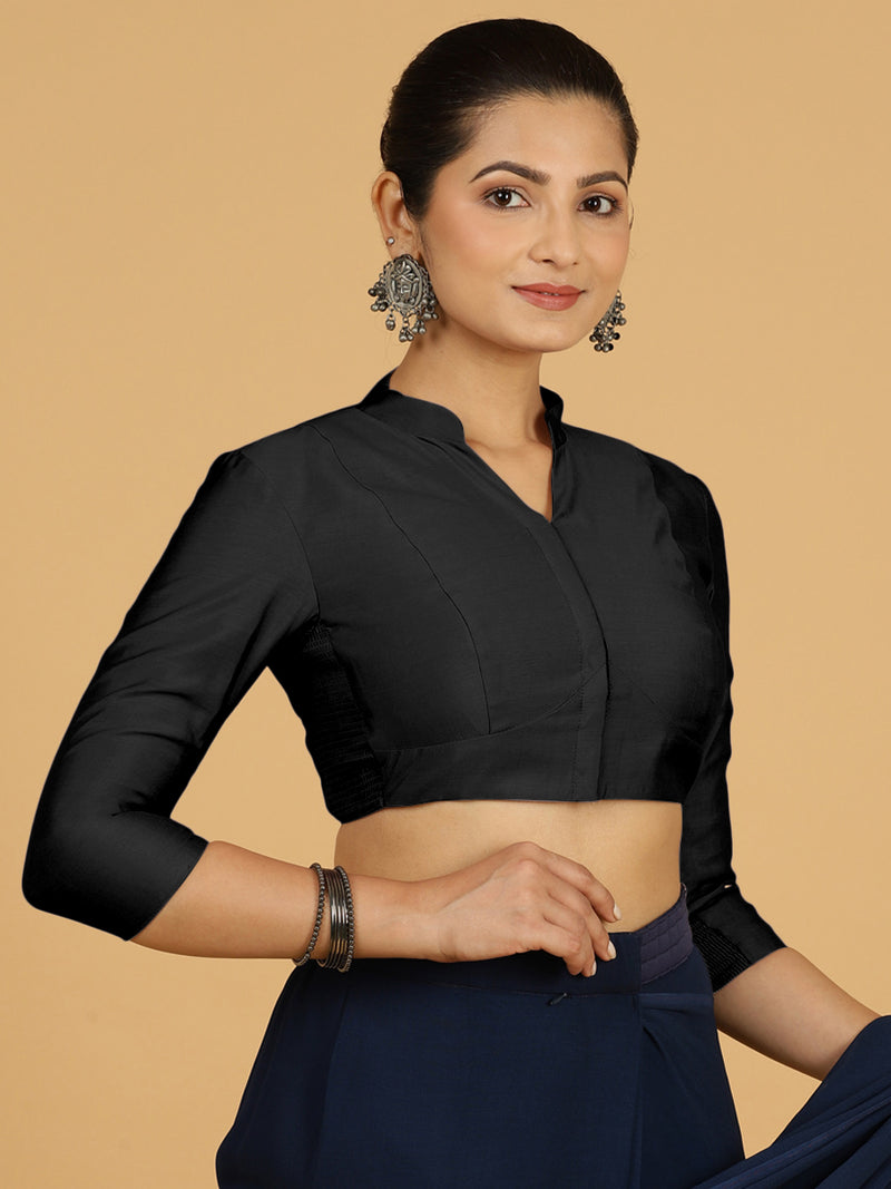 Maya x Rozaana | Three Quarter Sleeves Saree Blouse in Raven Black-Binks