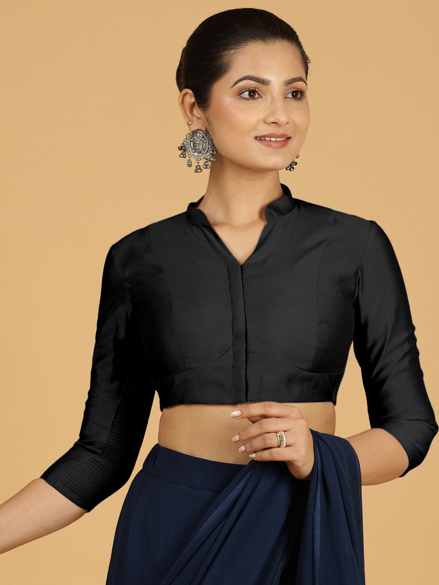 Maya x Rozaana Saree Blouse, in Black Viscose, featuring three quarter sleeves and stylised neckline, made for daily & work.