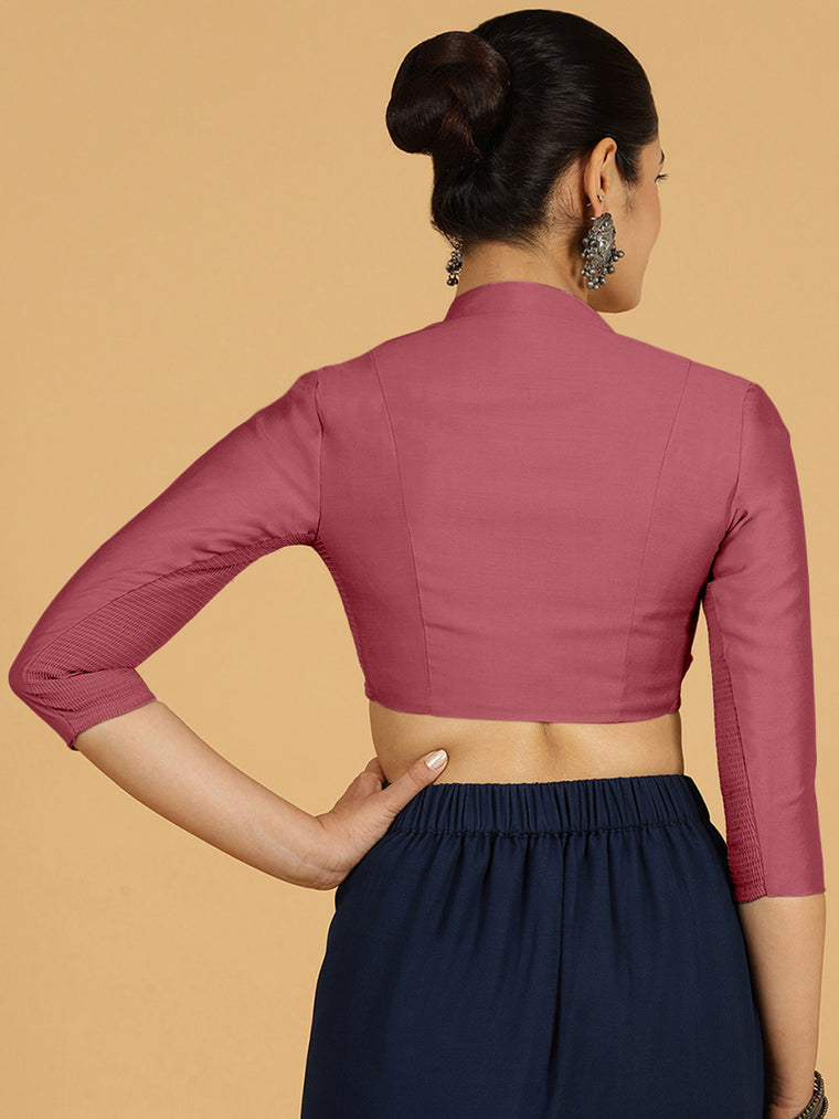 Maya x Rozaana Saree Blouse, in Pink Viscose, featuring three quarter sleeves and stylised neckline, made for daily & work.