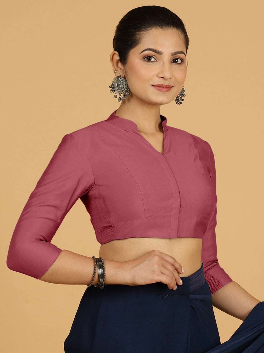 Maya x Rozaana Saree Blouse, in Pink Viscose, featuring three quarter sleeves and stylised neckline, made for daily & work.