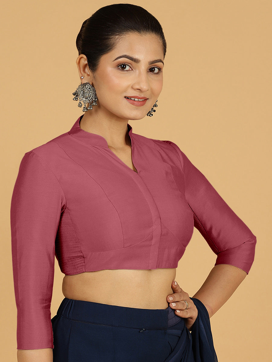 Maya x Rozaana Saree Blouse, in Pink Viscose, featuring three quarter sleeves and stylised neckline, made for daily & work.