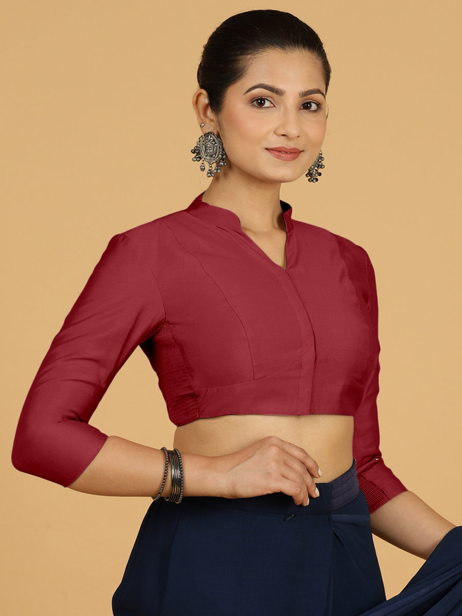 Maya x Rozaana Saree Blouse, in Red Viscose, featuring three quarter sleeves and stylised neckline, made for daily & work.