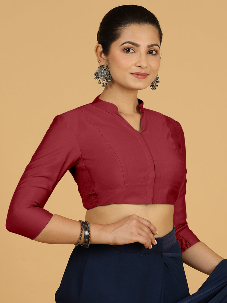 Maya x Rozaana Saree Blouse, in Red Viscose, featuring three quarter sleeves and stylised neckline, made for daily & work.