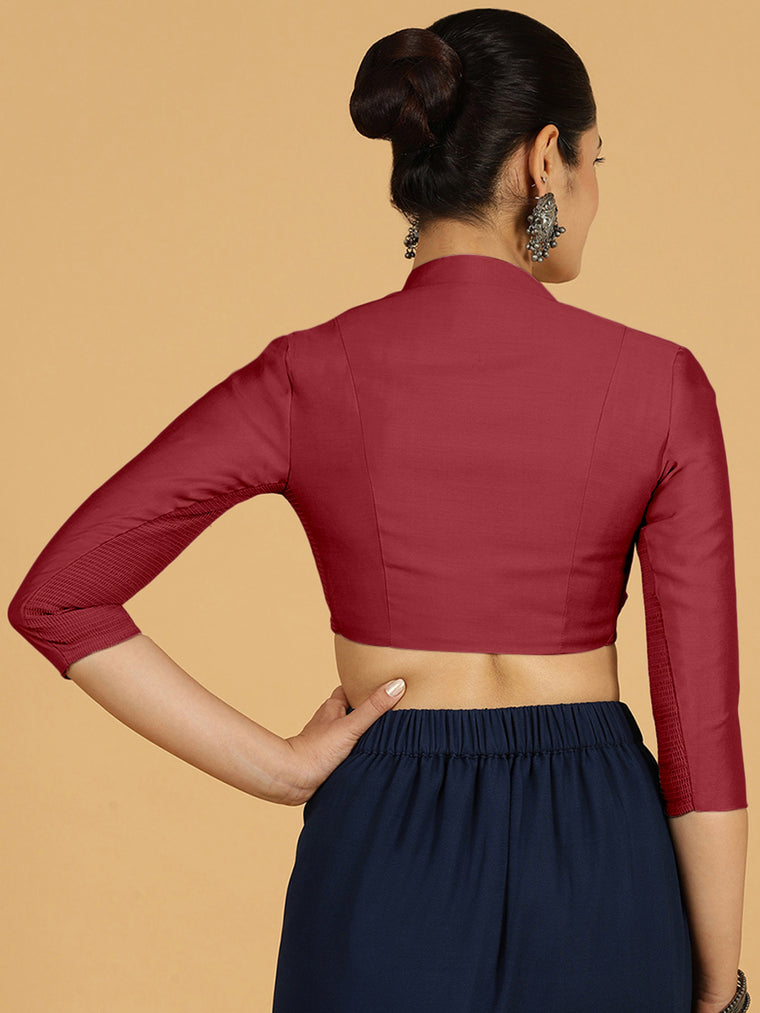 Maya x Rozaana Saree Blouse, in Red Viscose, featuring three quarter sleeves and stylised neckline, made for daily & work.