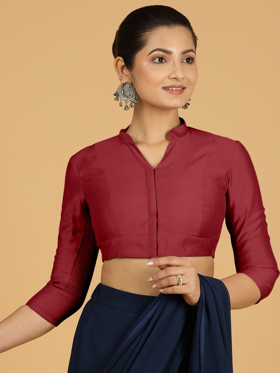 Maya x Rozaana Saree Blouse, in Red Viscose, featuring three quarter sleeves and stylised neckline, made for daily & work.