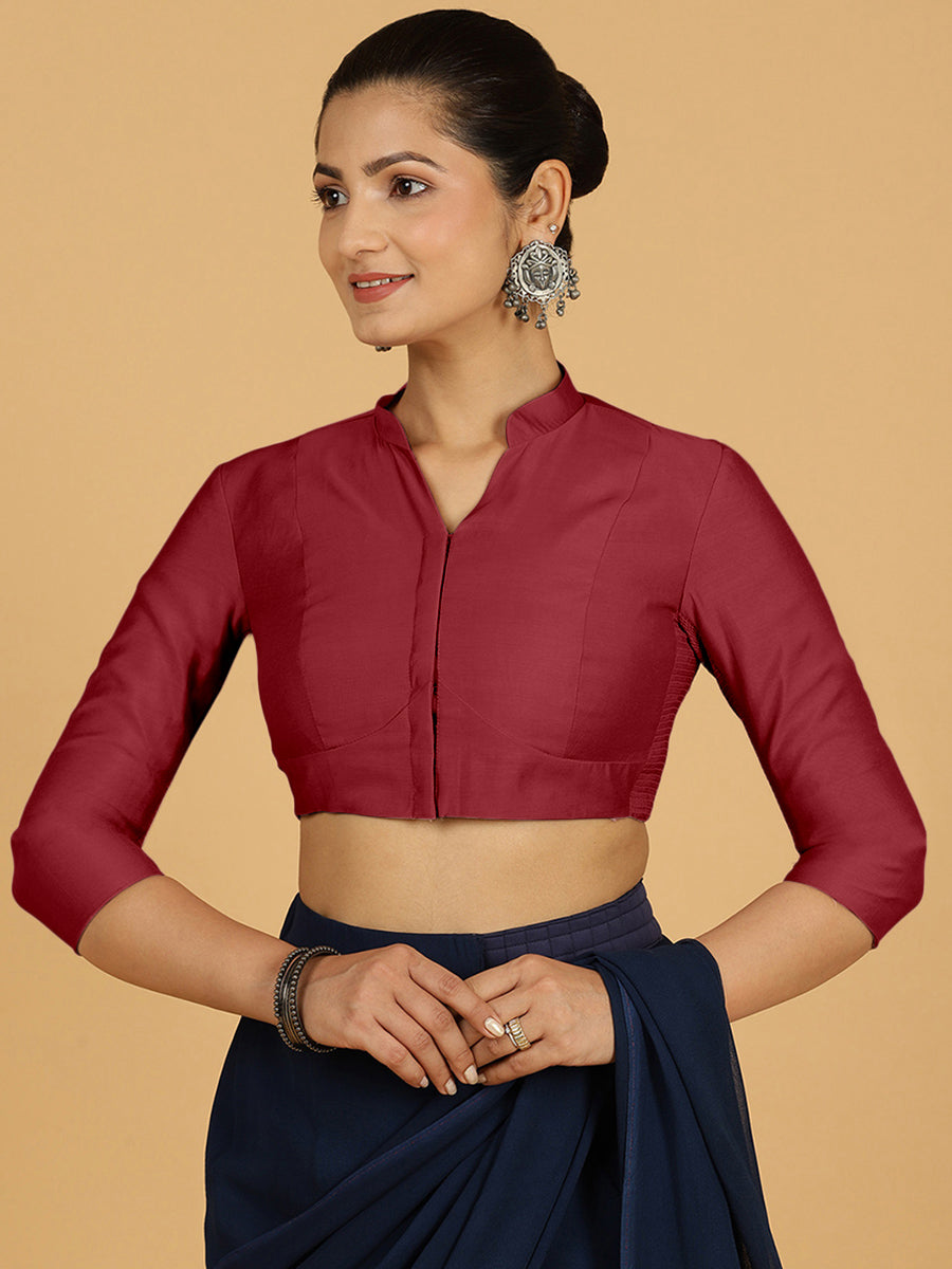 Maya x Rozaana Saree Blouse, in Red Viscose, featuring three quarter sleeves and stylised neckline, made for daily & work.