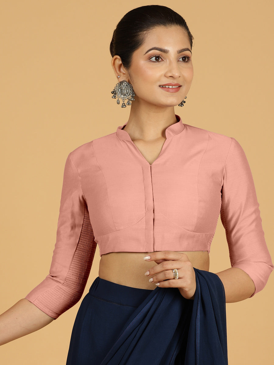 Maya x Rozaana Saree Blouse, in Pink Viscose, featuring three quarter sleeves and stylised neckline, made for daily & work.