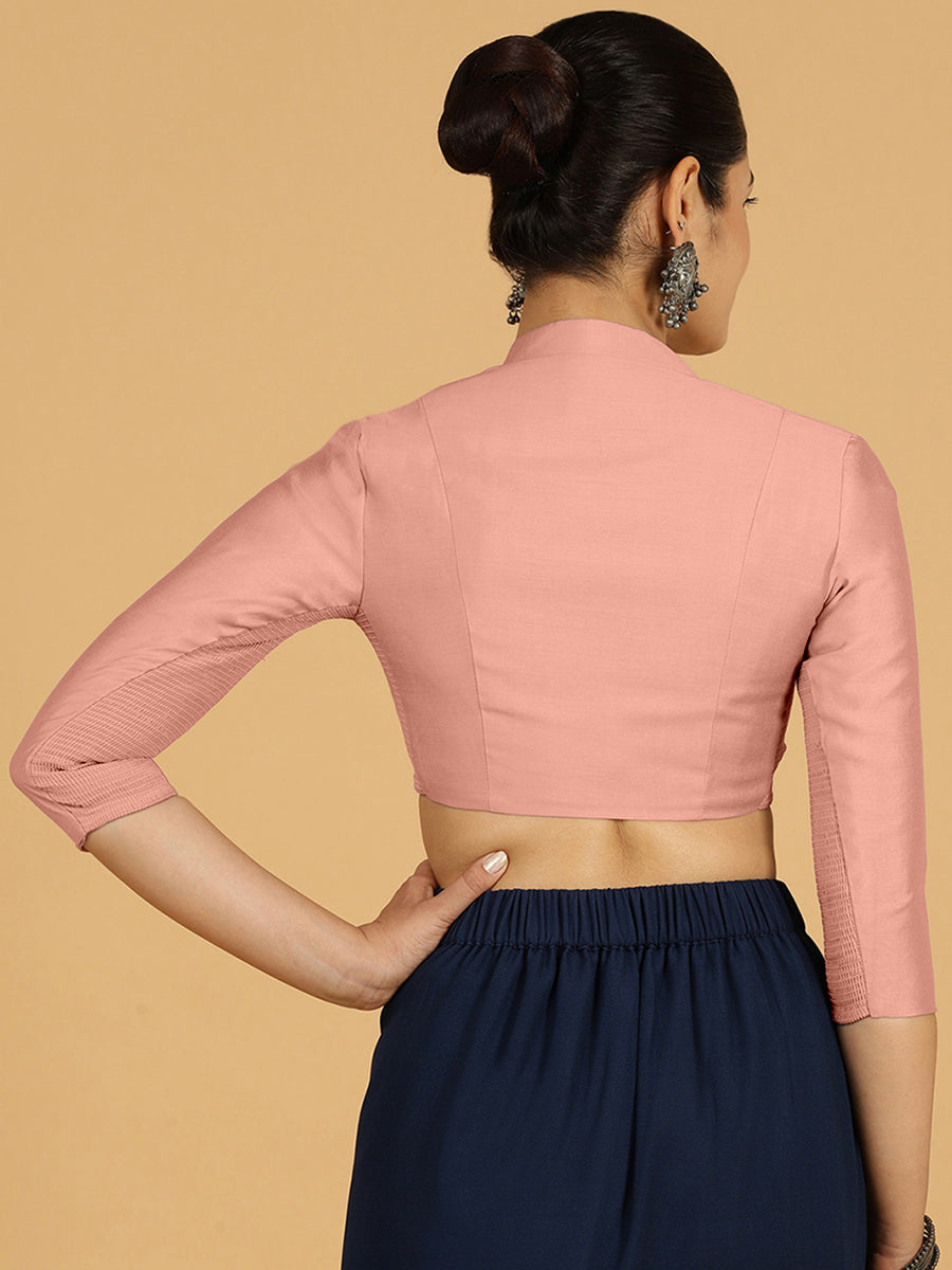 Maya x Rozaana Saree Blouse, in Pink Viscose, featuring three quarter sleeves and stylised neckline, made for daily & work.