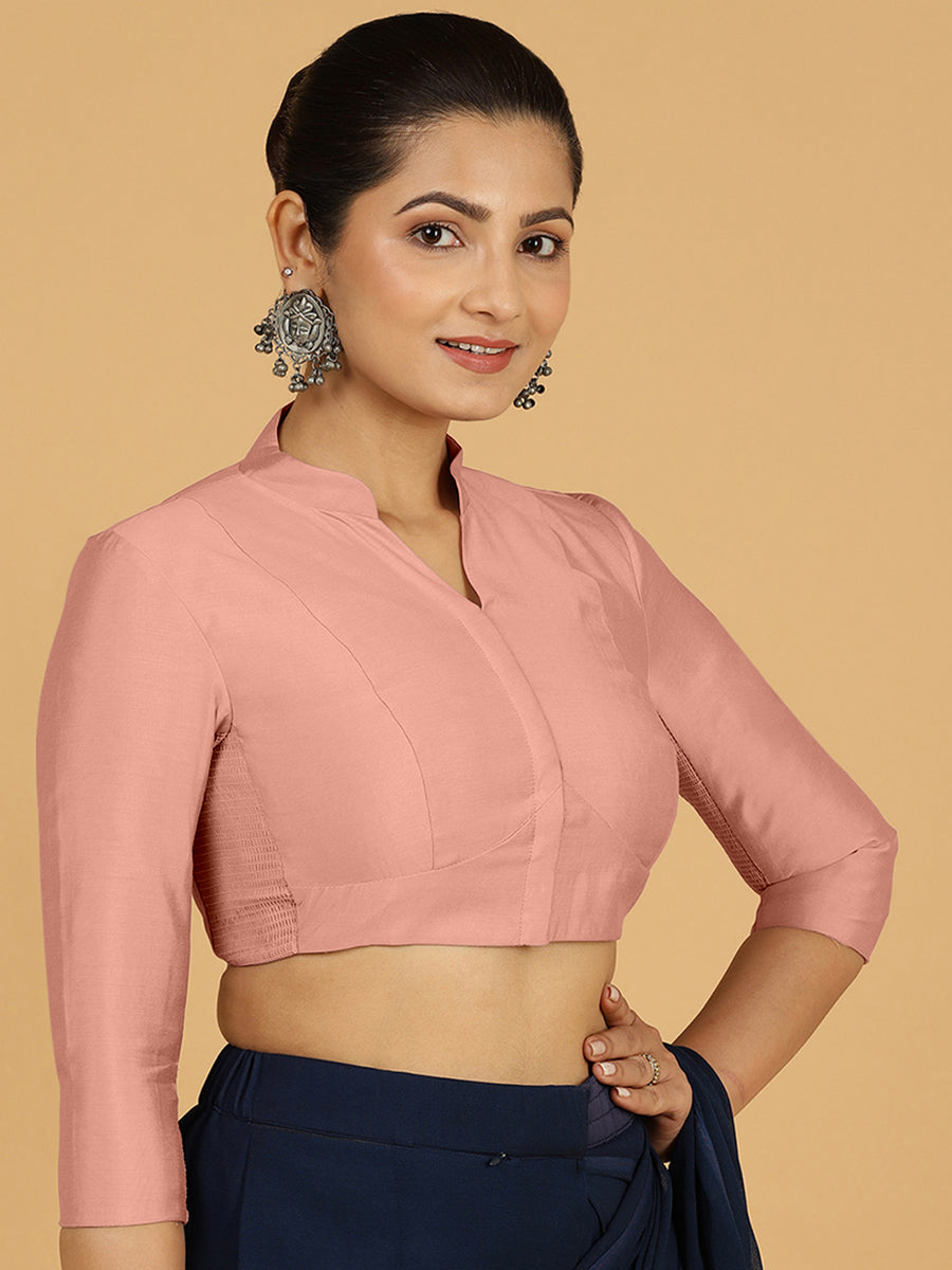 Maya x Rozaana Saree Blouse, in Pink Viscose, featuring three quarter sleeves and stylised neckline, made for daily & work.