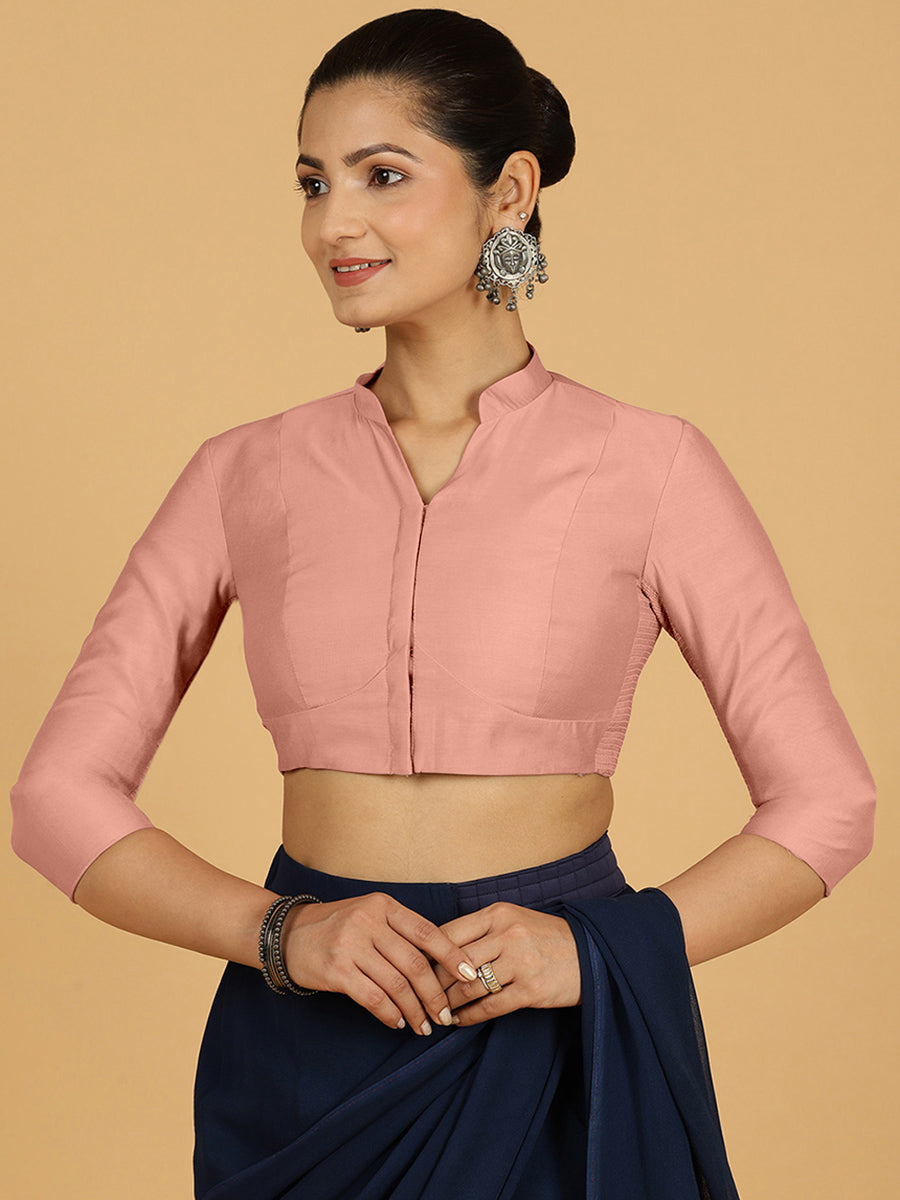 Maya x Rozaana Saree Blouse, in Pink Viscose, featuring three quarter sleeves and stylised neckline, made for daily & work.