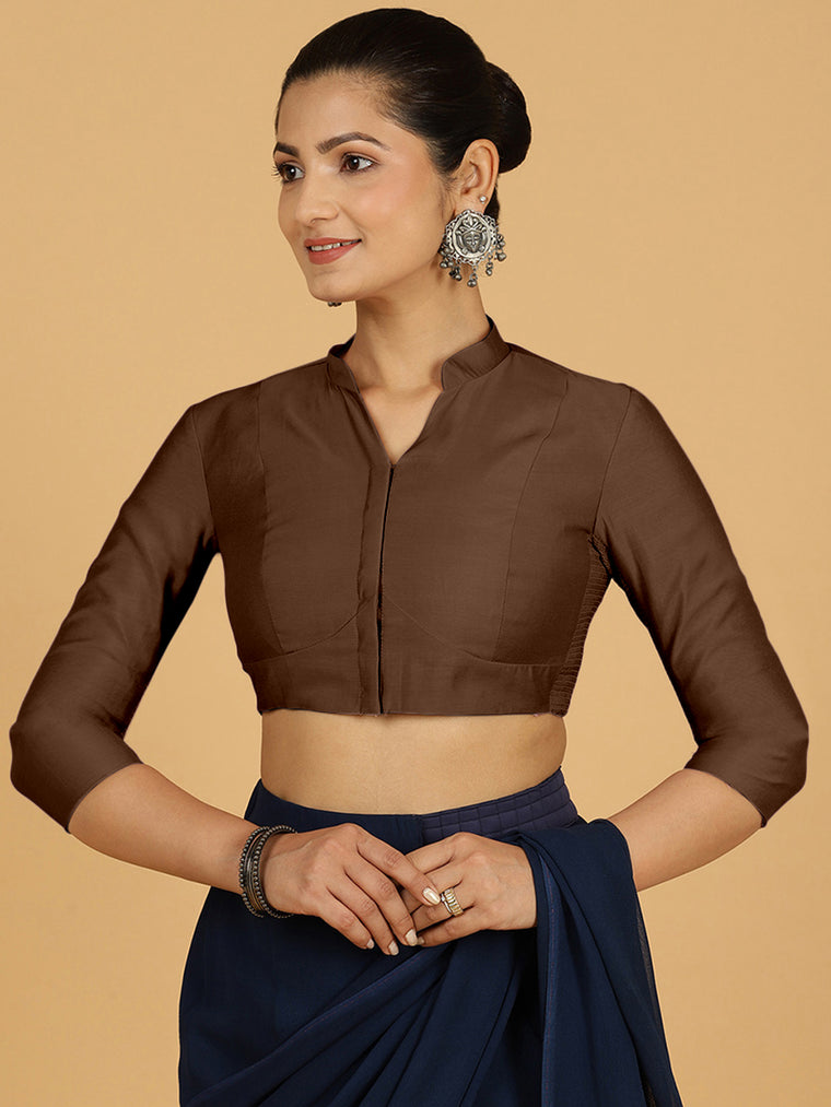 Maya x Rozaana Saree Blouse, in Brown Viscose, featuring three quarter sleeves and stylised neckline, made for daily & work.