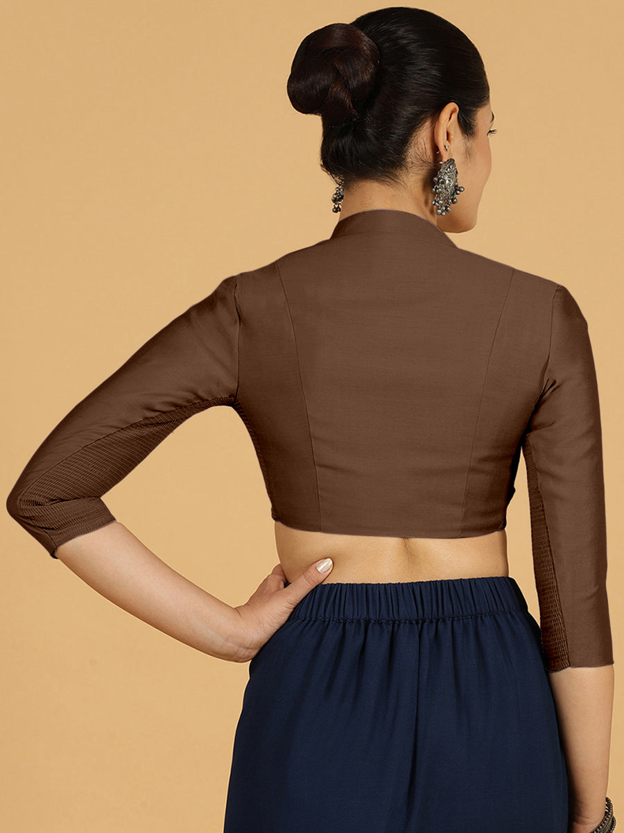 Maya x Rozaana Saree Blouse, in Brown Viscose, featuring three quarter sleeves and stylised neckline, made for daily & work.