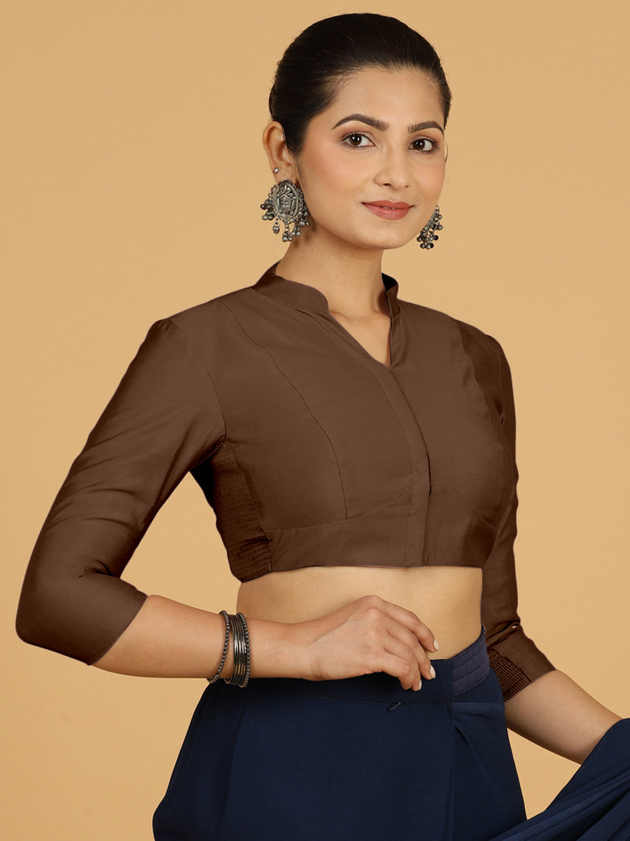 Maya x Rozaana Saree Blouse, in Brown Viscose, featuring three quarter sleeves and stylised neckline, made for daily & work.