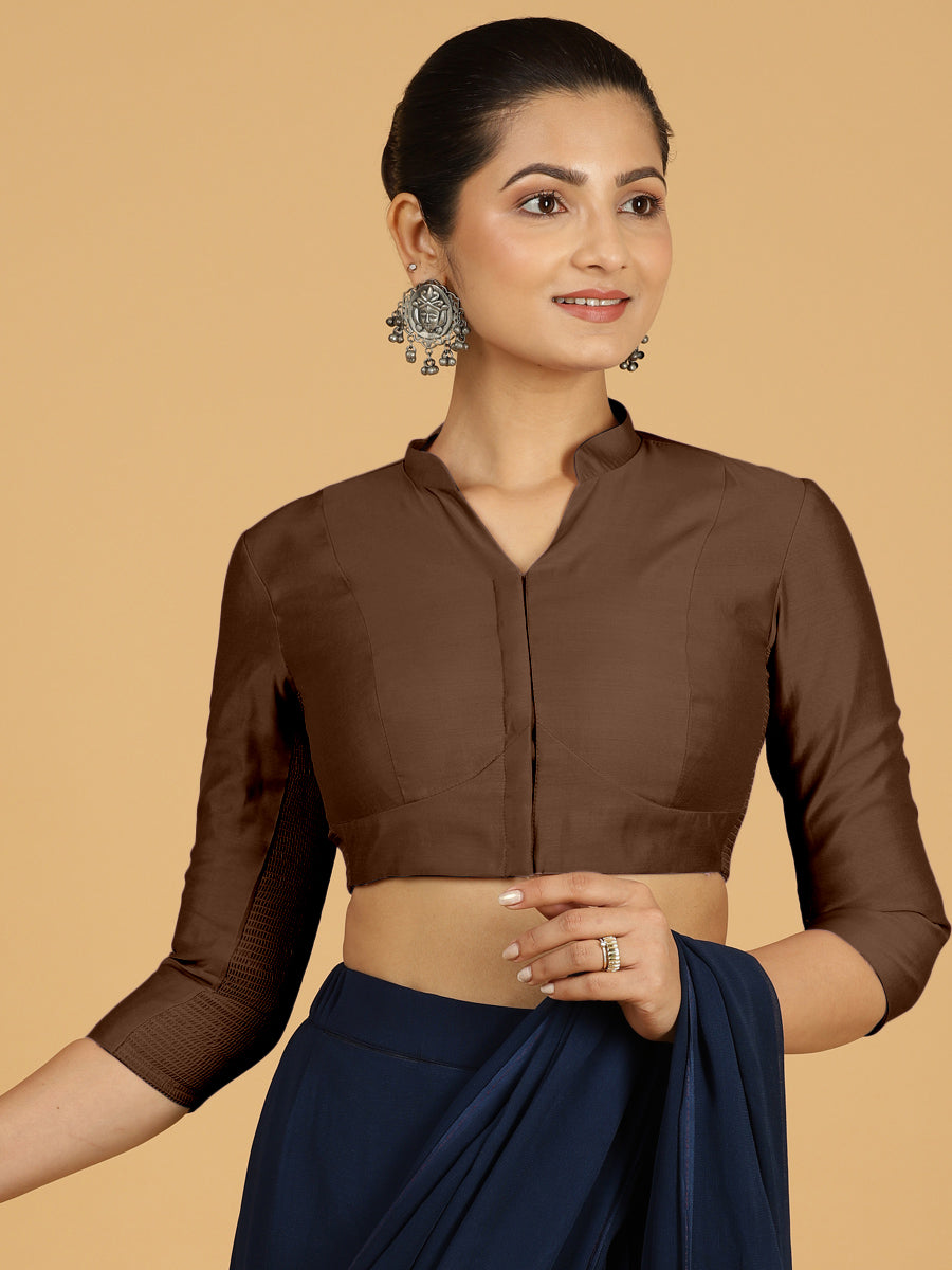 Maya x Rozaana Saree Blouse, in Brown Viscose, featuring three quarter sleeves and stylised neckline, made for daily & work.