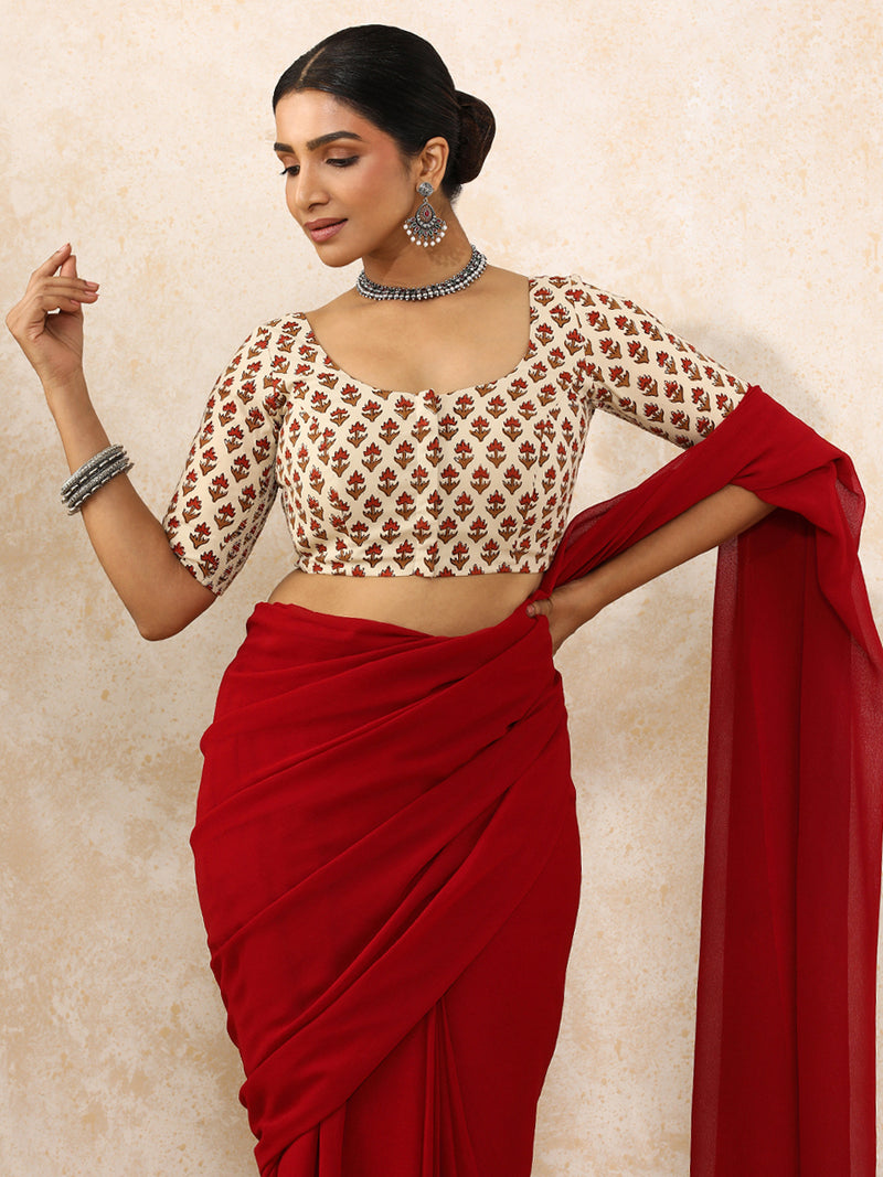 Meera x Rozaana | Elbow Sleeves Saree Blouse in Tulip Bloom Cream Block Print Cotton-Binks