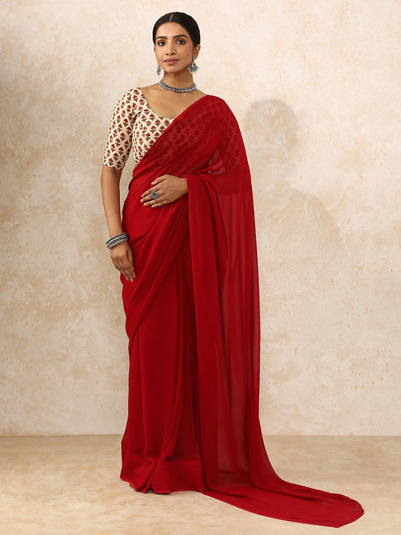 Meera x Rozaana | Elbow Sleeves Saree Blouse in Tulip Bloom Cream Block Print Cotton-Binks