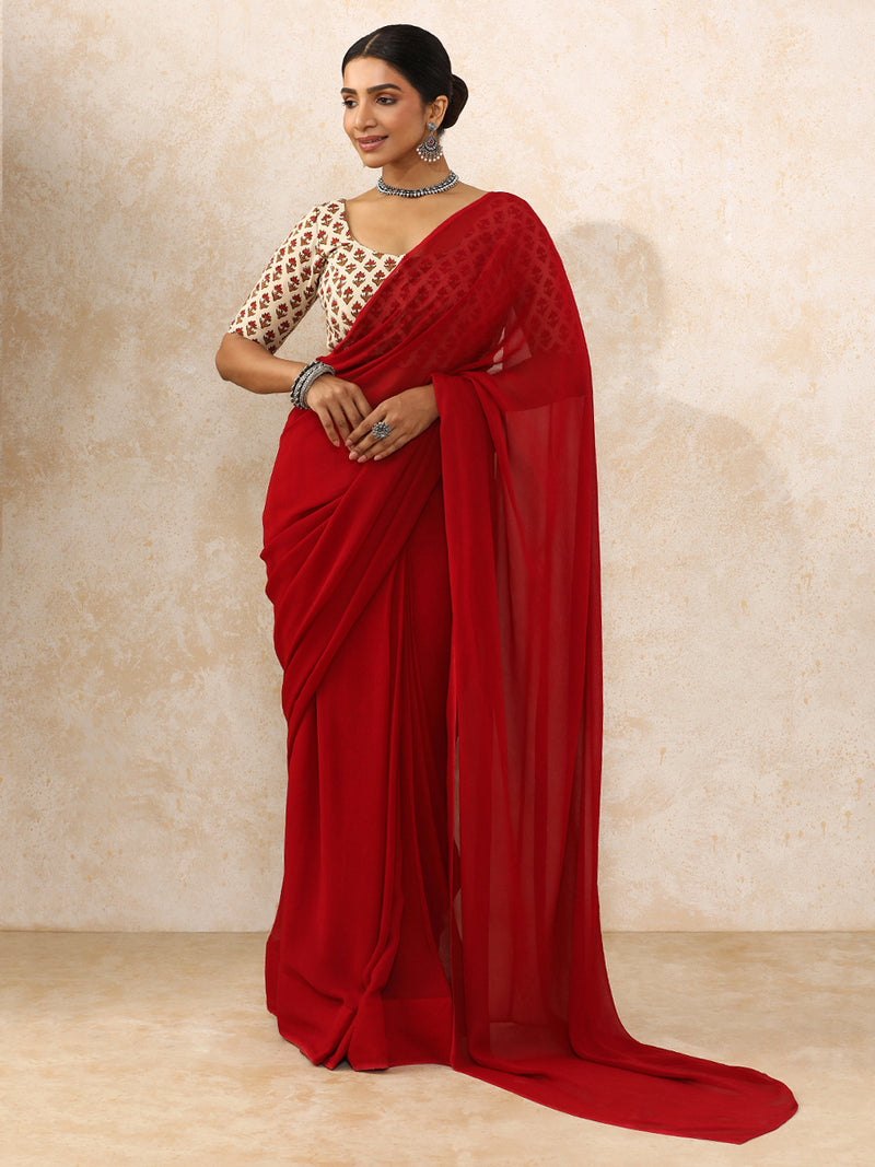 Meera x Rozaana | Elbow Sleeves Saree Blouse in Tulip Bloom Cream Block Print Cotton-Binks