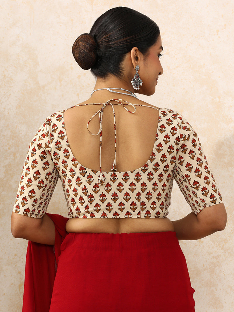 Meera x Rozaana | Elbow Sleeves Saree Blouse in Tulip Bloom Cream Block Print Cotton-Binks