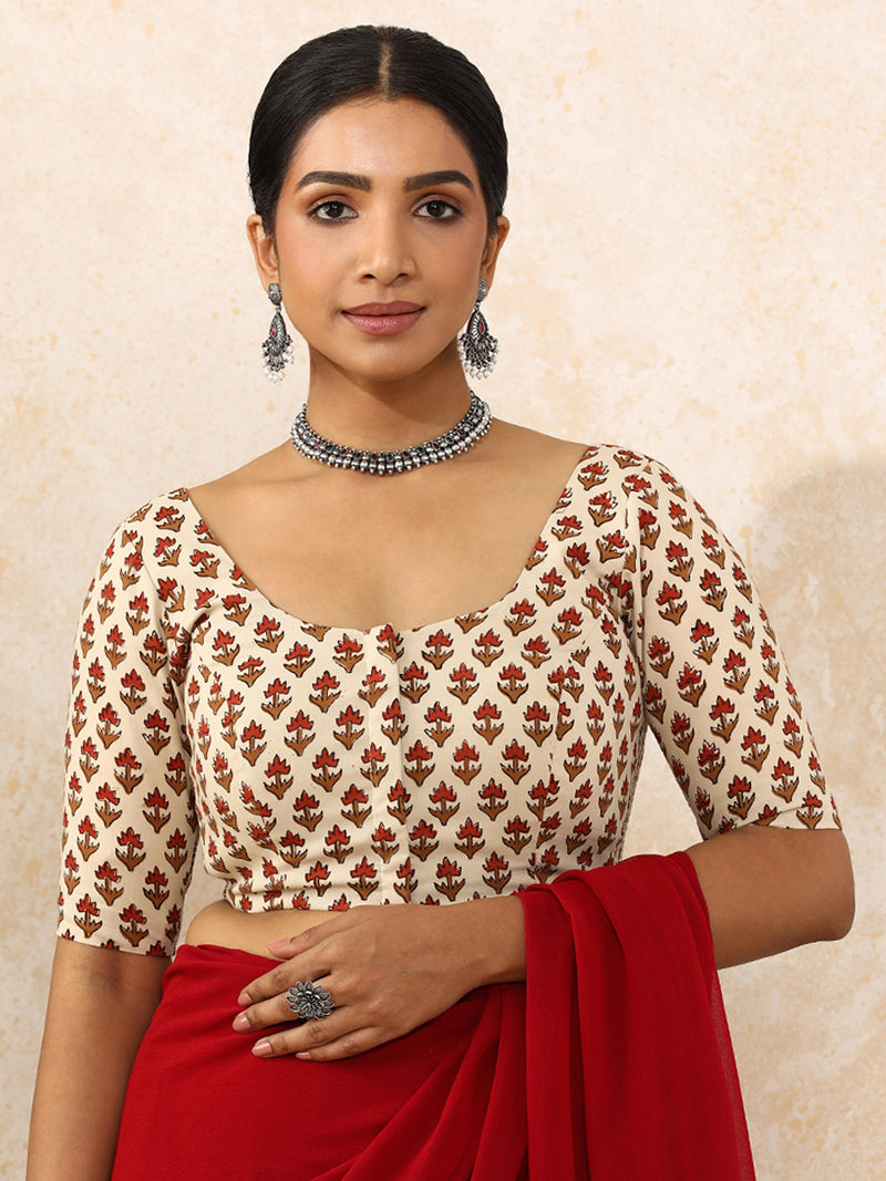 Meera x Rozaana | Elbow Sleeves Saree Blouse in Tulip Bloom Cream Block Print Cotton-Binks