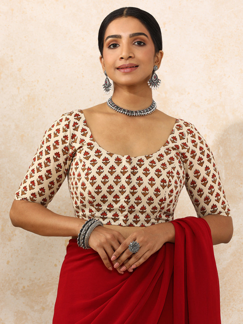 Meera x Rozaana | Elbow Sleeves Saree Blouse in Tulip Bloom Cream Block Print Cotton-Binks