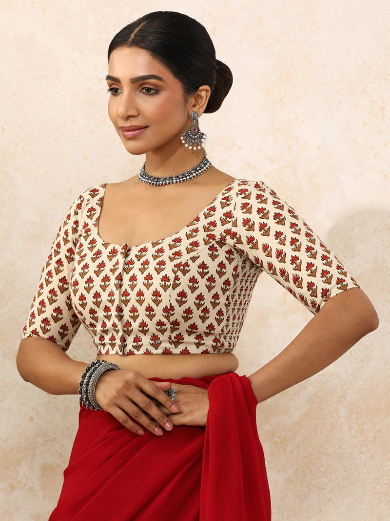 Meera x Rozaana | Elbow Sleeves Saree Blouse in Tulip Bloom Cream Block Print Cotton-Binks