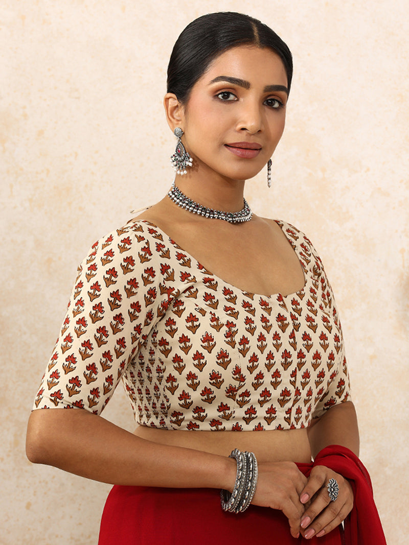 Meera x Rozaana | Elbow Sleeves Saree Blouse in Tulip Bloom Cream Block Print Cotton-Binks