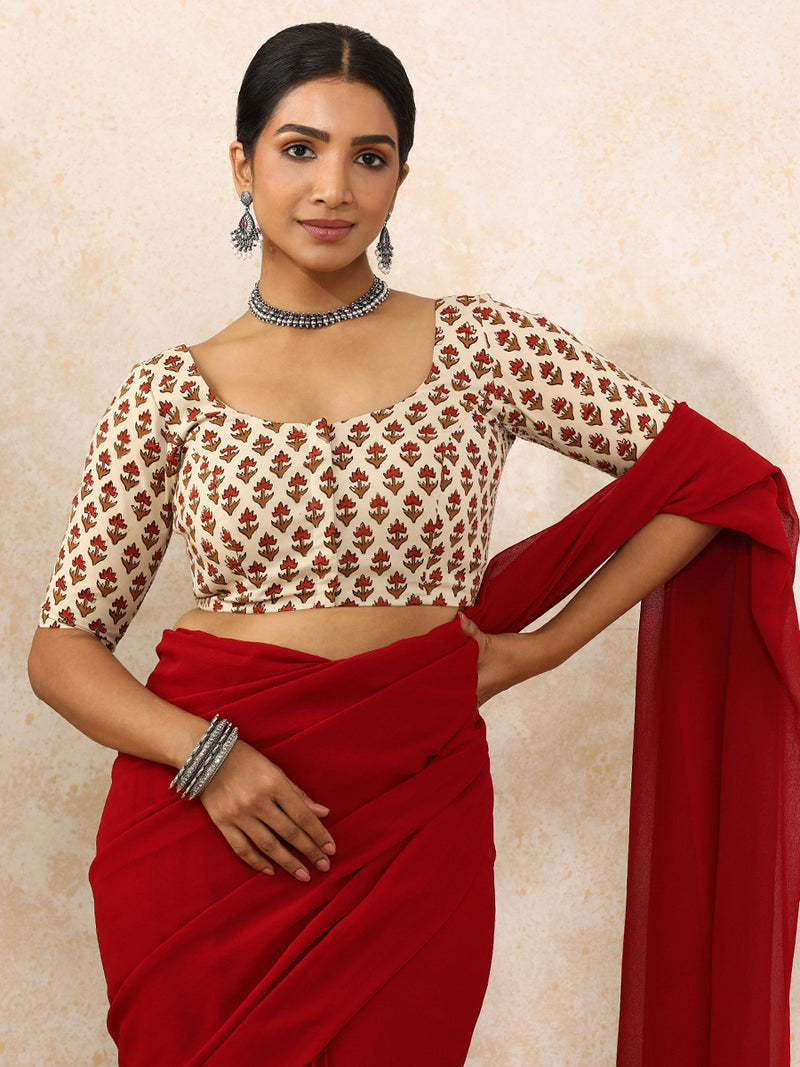 Meera x Rozaana | Elbow Sleeves Saree Blouse in Tulip Bloom Cream Block Print Cotton-Binks