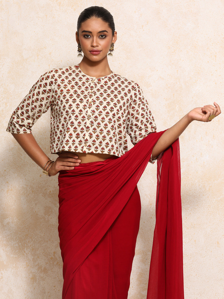 Megha x Rozaana | Elbow Sleeves Saree Blouse in Tulip Bloom Cream Block Print Cotton