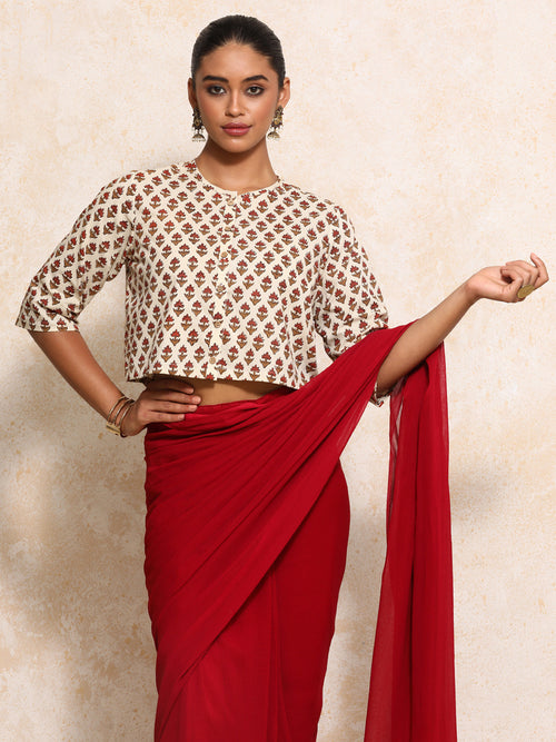Megha x Rozaana | Elbow Sleeves Saree Blouse in Tulip Bloom Cream Block Print Cotton