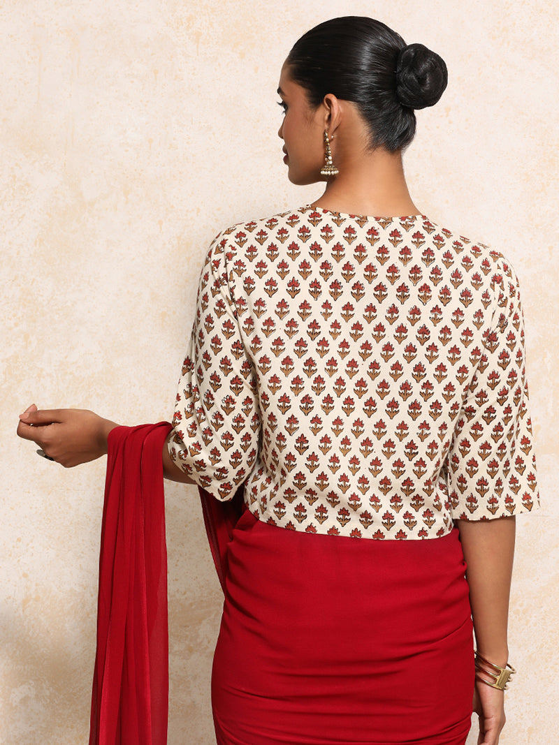 Megha x Rozaana | Elbow Sleeves Saree Blouse in Tulip Bloom Cream Block Print Cotton-Binks