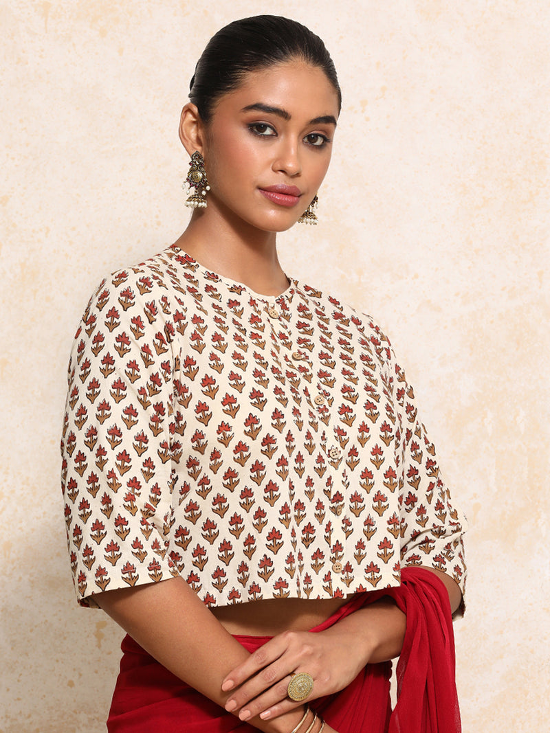 Megha x Rozaana | Elbow Sleeves Saree Blouse in Tulip Bloom Cream Block Print Cotton-Binks