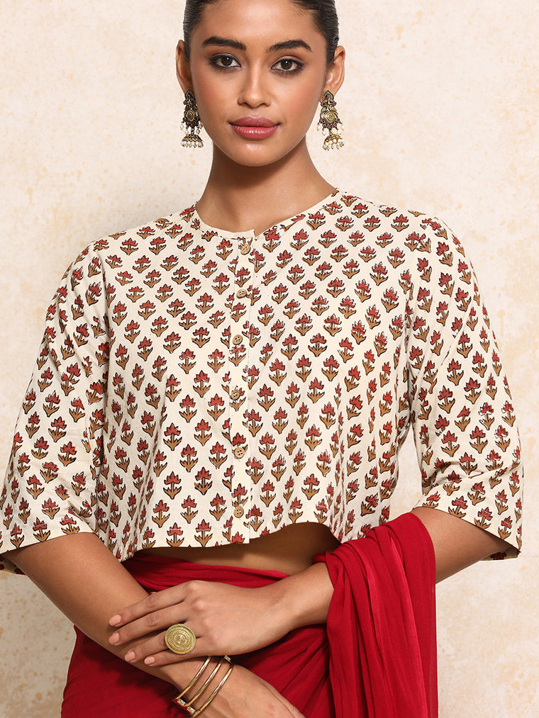 Megha x Rozaana Saree Blouse, in Cream 100% Cotton - Block Printed, featuring elbow sleeves and jewel neckline (view 3).