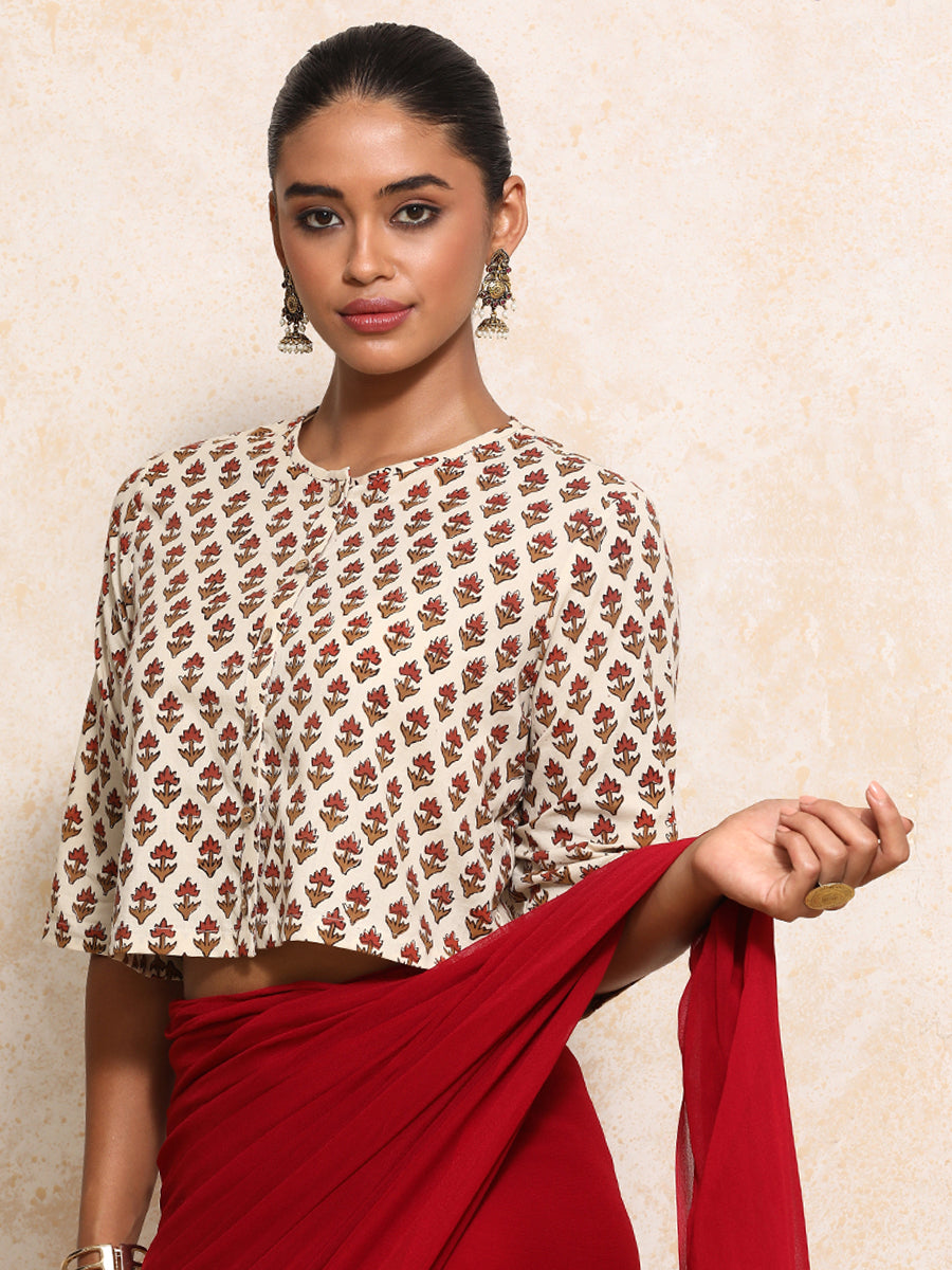 Megha x Rozaana Saree Blouse, in Cream 100% Cotton - Block Printed, featuring elbow sleeves and jewel neckline (view 6).
