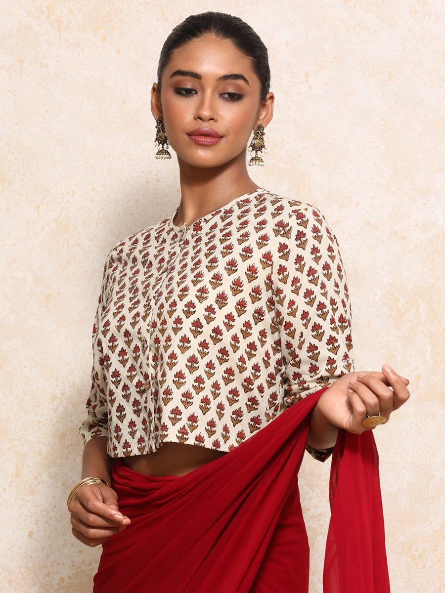 Megha x Rozaana Saree Blouse, in Cream 100% Cotton - Block Printed, featuring elbow sleeves and jewel neckline (view 7).