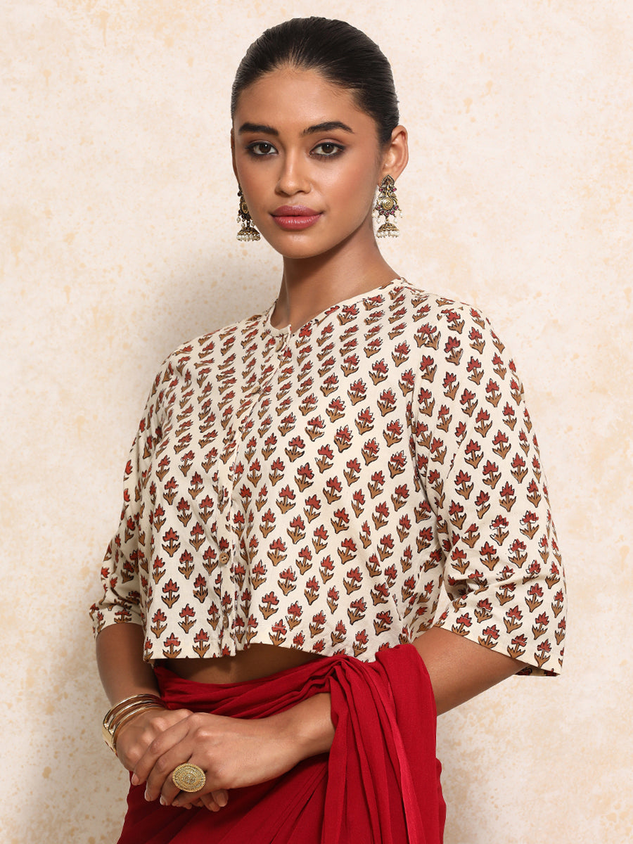 Megha x Rozaana Saree Blouse, in Cream 100% Cotton - Block Printed, featuring elbow sleeves and jewel neckline (view 8).