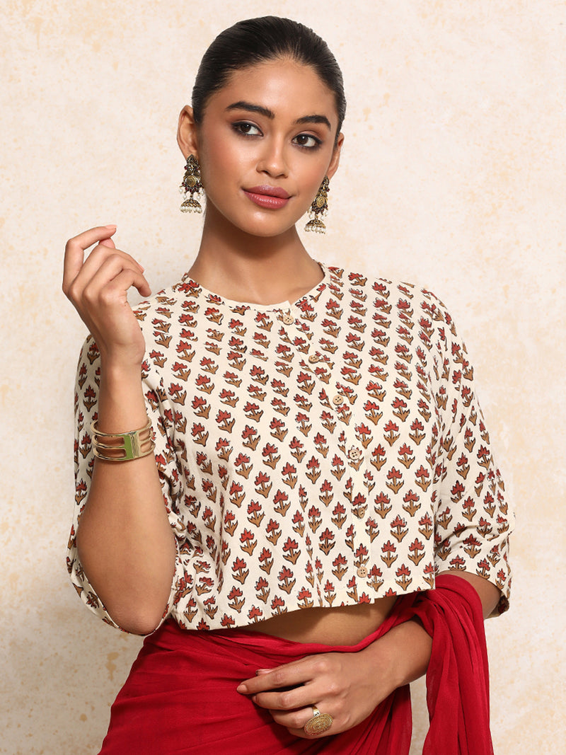 Megha x Rozaana | Elbow Sleeves Saree Blouse in Tulip Bloom Cream Block Print Cotton-Binks