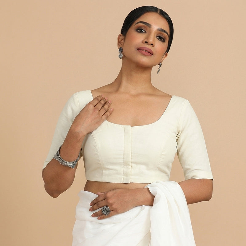 Meghna x Rozaana | Elbow Sleeves Chalk White Linen Saree Blouse-Binks