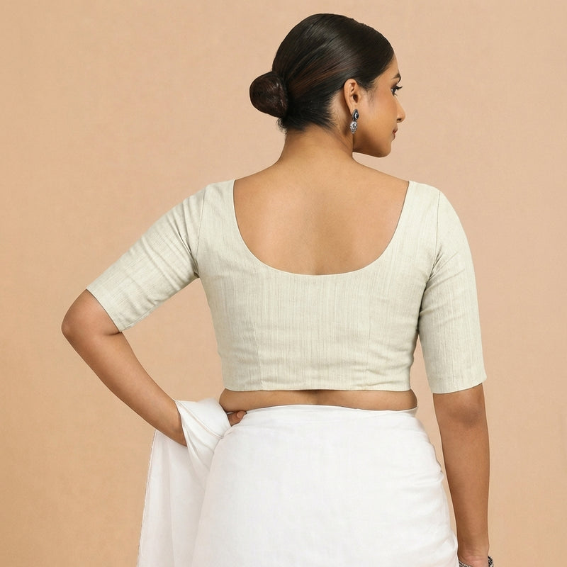 Meghna x Rozaana | Elbow Sleeves Chalk White Linen Saree Blouse-Binks